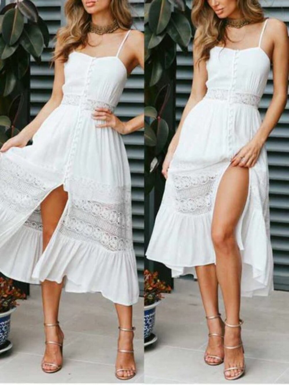 Elegant Eyelet Lace Tie Knot Back Sleeveless Button up Midi Dress - Picture 5 of 16